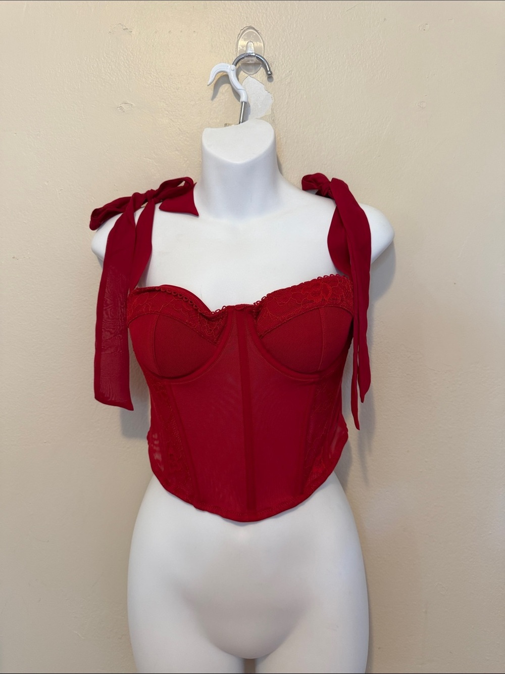 Garage Red Lace-Trim Bustier Crop Top with Tie Straps